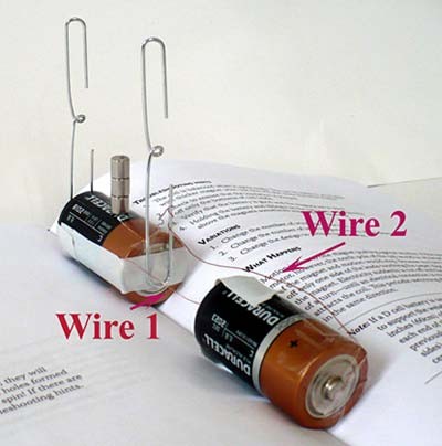 A C cell battery is wired in series to a homemade electric motor