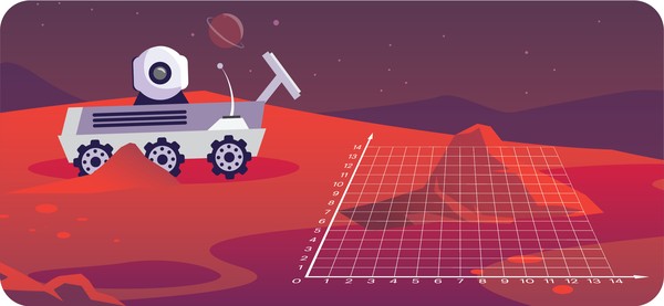 Image of rover on red planet with hill covered in coordinate plane grid