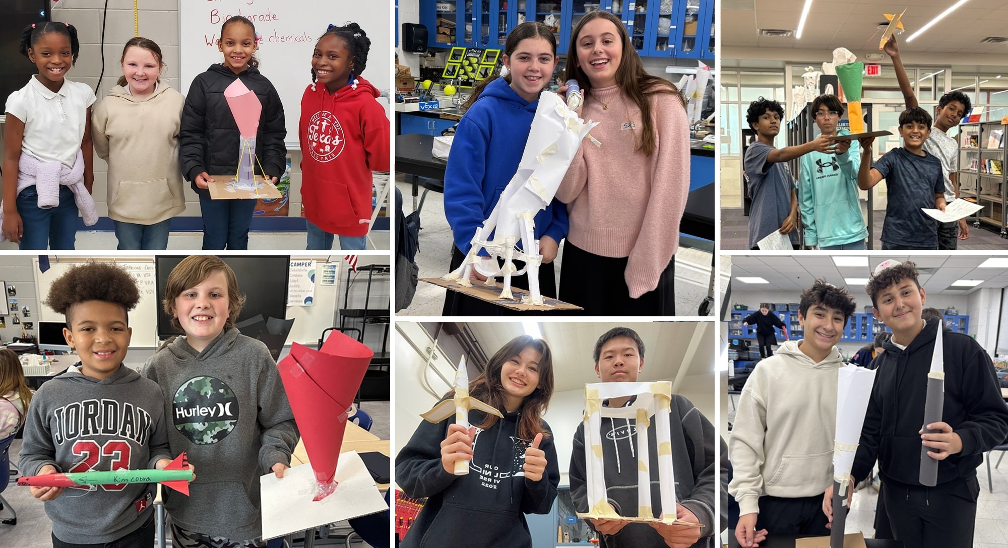 College of students, all grades, showing off their rocket catching
devices