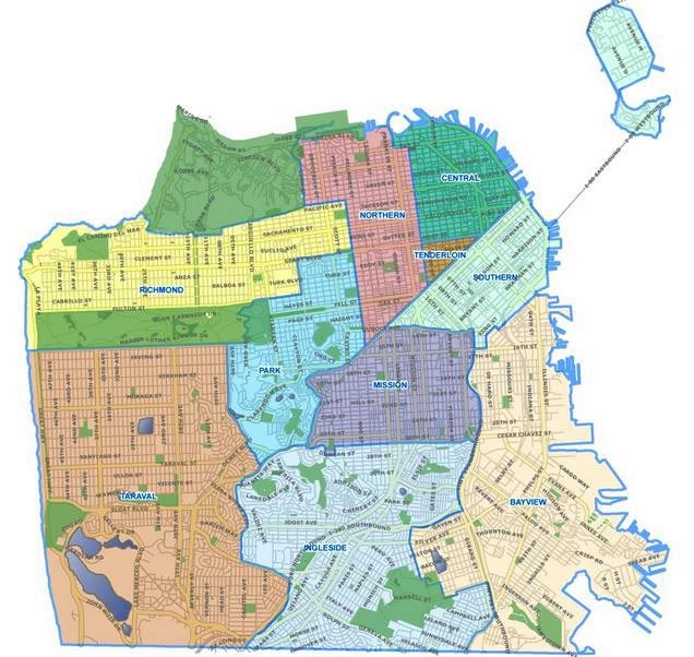 Map of San Francisco with each police district highlighted and labeled