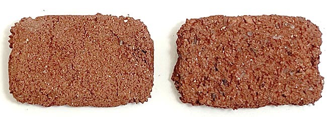 Two flat red-brown bricks, one set has a finer surface compared to the other set.