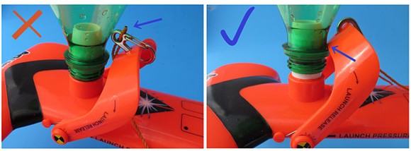Illustration of how the handle touches the water bottle rocket when mounted correctly on the launcher.