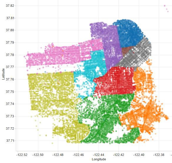 Map of San Francisco with each police district highlighted and each reported crime represented by a large dot