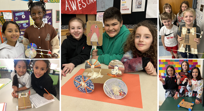 Collage of students, ages 10 and younger, holding their 2024 Science Buddies Engineering Challenge solutions.