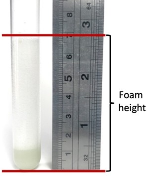 A ruler is held next to a test tube to measure the height of foam that has been building up inside the test tube.