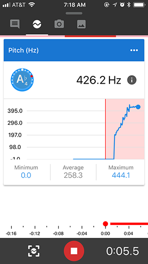 Screenshot of a recording for a pitch sensor card in the Google Science Journal app