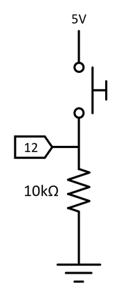 Circuit diagram for button showing connection between Arduino pin 12 and 5V, with a 10K pull-down resistor to ground