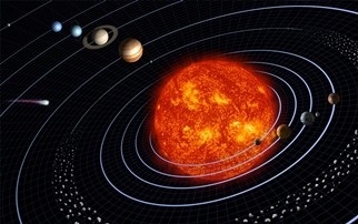 Rendering of the sun with eight planets orbiting it.