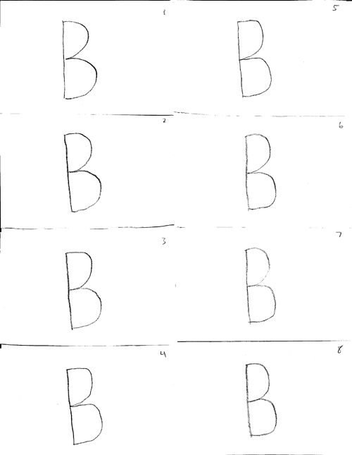 The letter B written on paper eight times