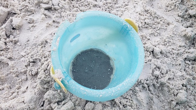 Bucket with a circular piece of window screen inside, pressed on top of a layer of sand.