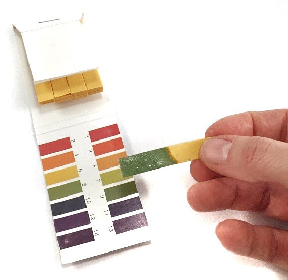A hand holds a pH test strip paper mext to the test strip package with a pH color palette.