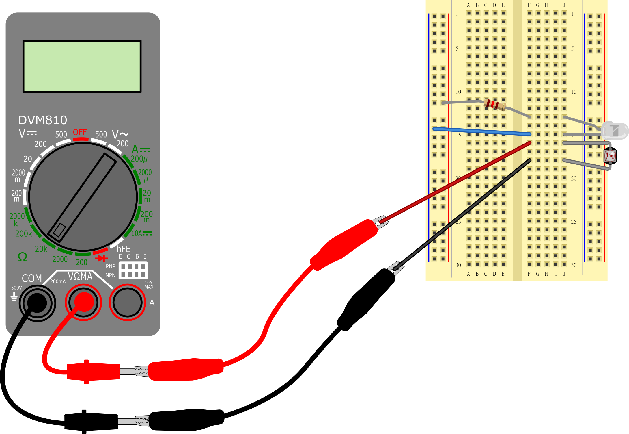 Connect multimeter probes to jumper wires with alligator clips.