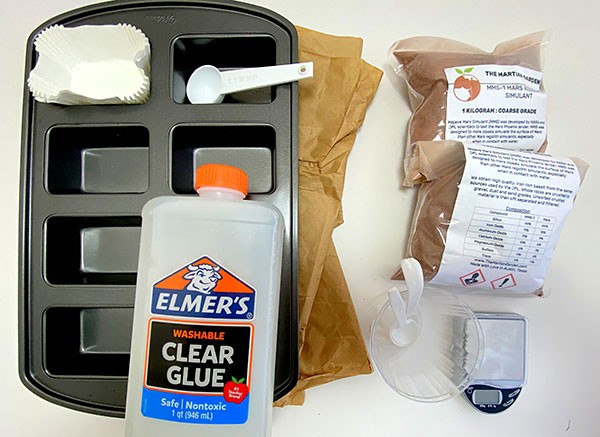 Materials needed to explore how to make construction material from Mars regolith simulant.