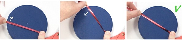 Collection of pictures showing a hand sliding a ribbon to the widest part of a lid to measure the lid's diameter.