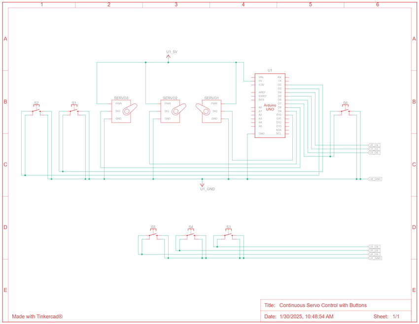 Schematic for Arduino circuit to control three continuous servo motors with six buttons