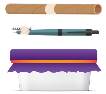illustrations of testing items, cardboard tube, pen with sharp screw and container with cover