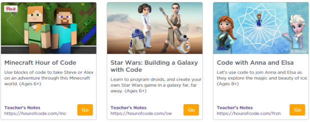 Hour of Code / Star Wars, Frozen, and
Minecraft tutorials
