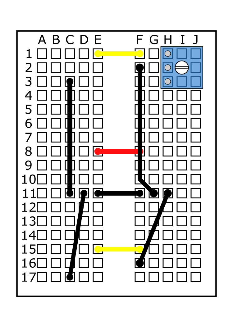 Insert a potentiometer's pins into H1, H2, and H3. 