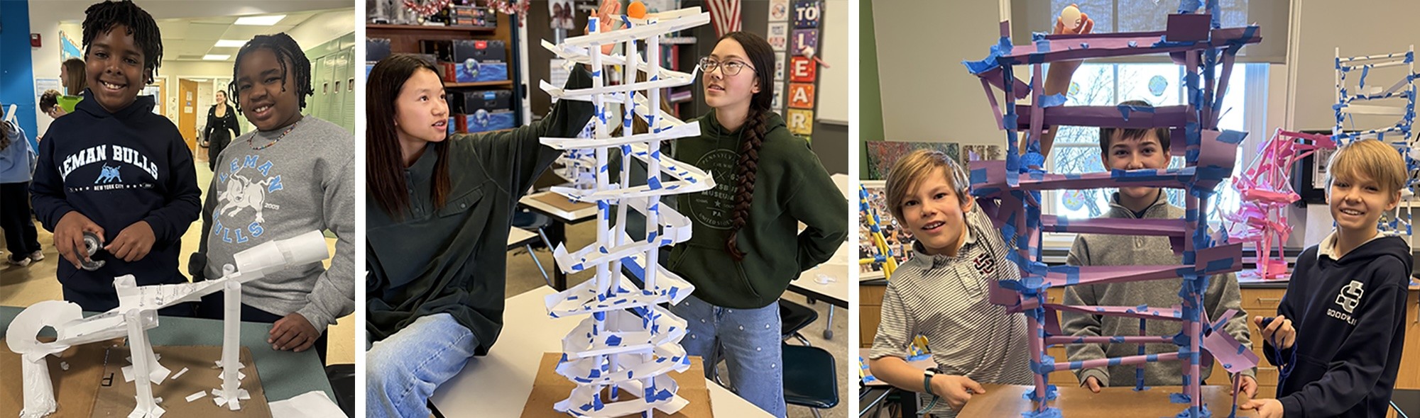 College of students, all grades, showing off their ball run
devices