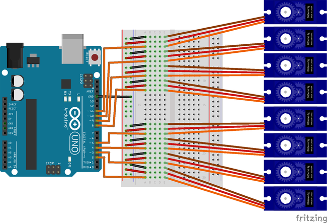 Breadboard diagram showing servo motor connections to Arduino