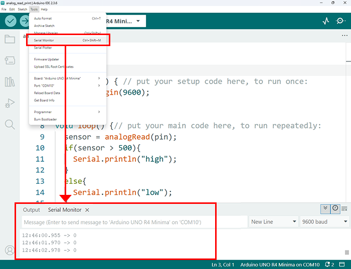 Screenshot in Arduino IDE showing values in the serial monitor output