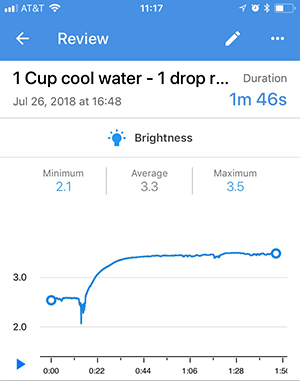 Screenshot of a recording review for a brightness sensor card in the Google Science Journal app