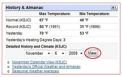 Screenshot of the history and almanac section of the website wunderground.com