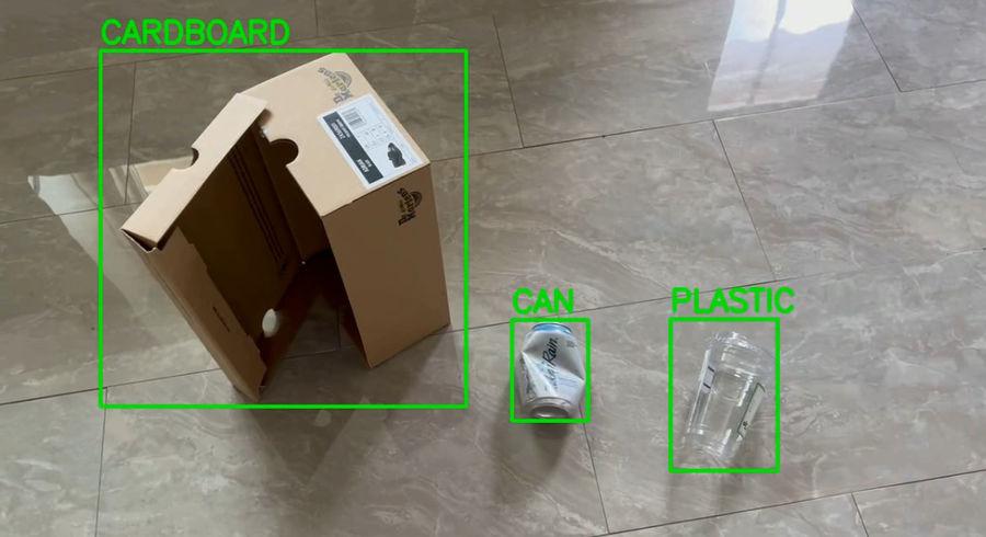 A cardboard item, a can, and a plastic cup are correctly identified from left to right, each marked with a bounding box. 