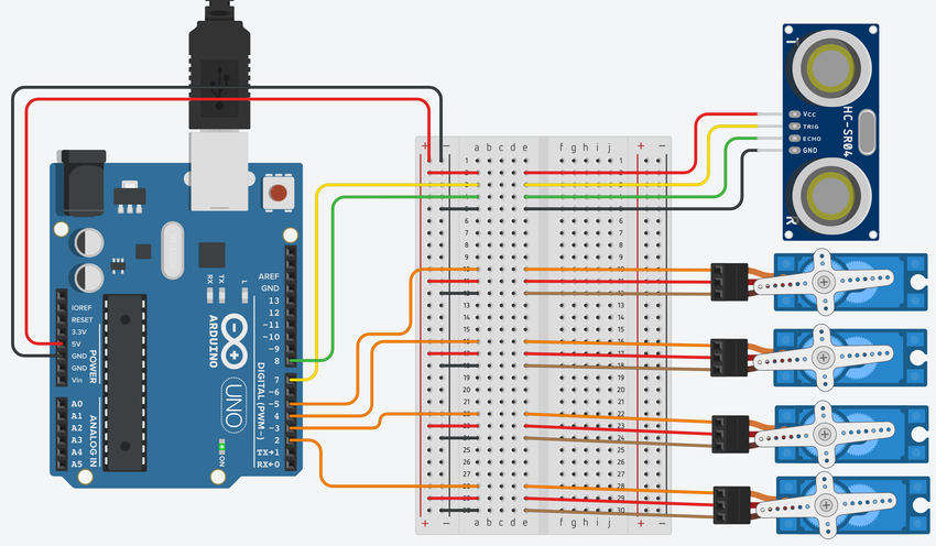 breadboard diagram for arduino lander with ultrasonic sensor and four servo motors