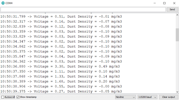 Serial monitor measuring voltage and dust density. 