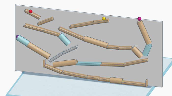 A Tinkercad recreation of a wall marble run made from cardboard tubes