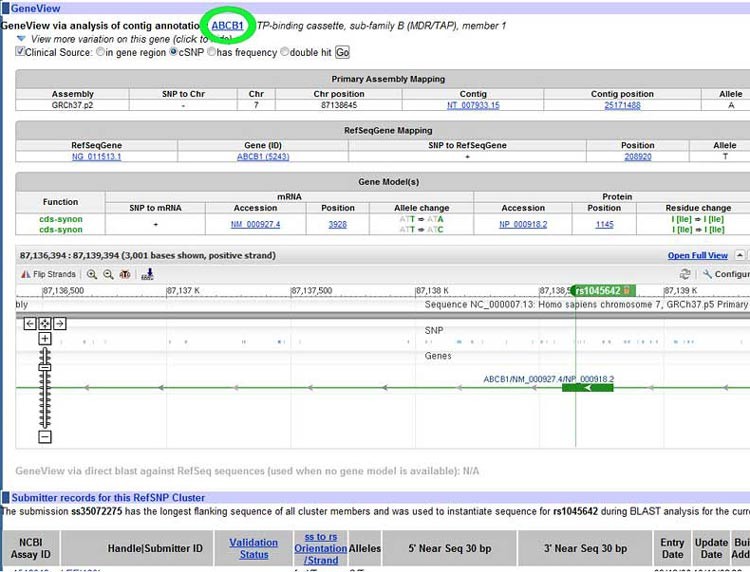 GeneView page in the SNP database