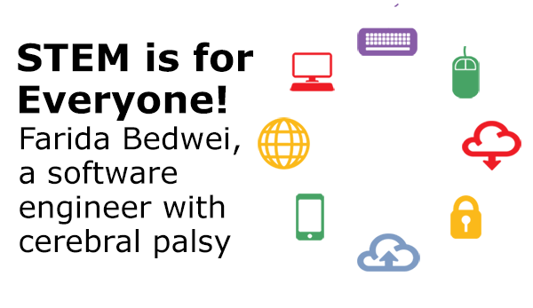 icons of computer coding and software development to represent the career focus of Farida Bedwei, a Computer Scientist with Cerebral Palsy, part of the STEM is for Everyone series