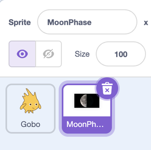Moon Phase Sprite in scratch with the life cycle button highlighted.    