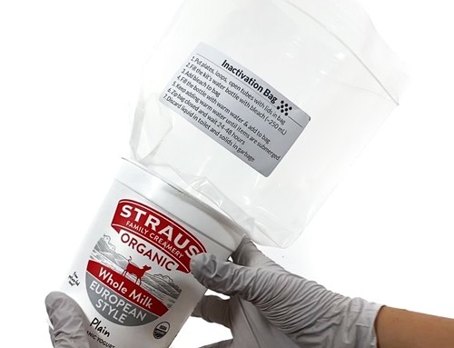 A 1-L yogurt container with a large plastic bag inside.