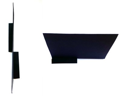  Left: Top view of a black cardstock rectangle standing up on flaps at the bottom.Right: Side view of a black cardstock rectangle standing up on flaps at the bottom 