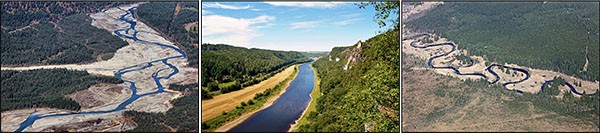 Three images showing aerial views of different river channel patterns. The left images shows a braided river channel, the middle image shows a straight river channel, the right image shows a meandering river channel.