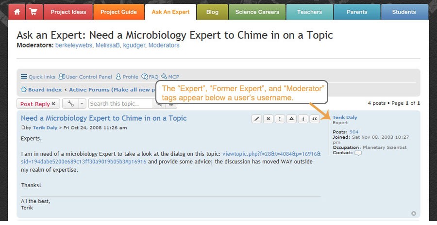 Screenshot of an expert posting on the Ask an Expert forum on the website ScienceBuddies.org