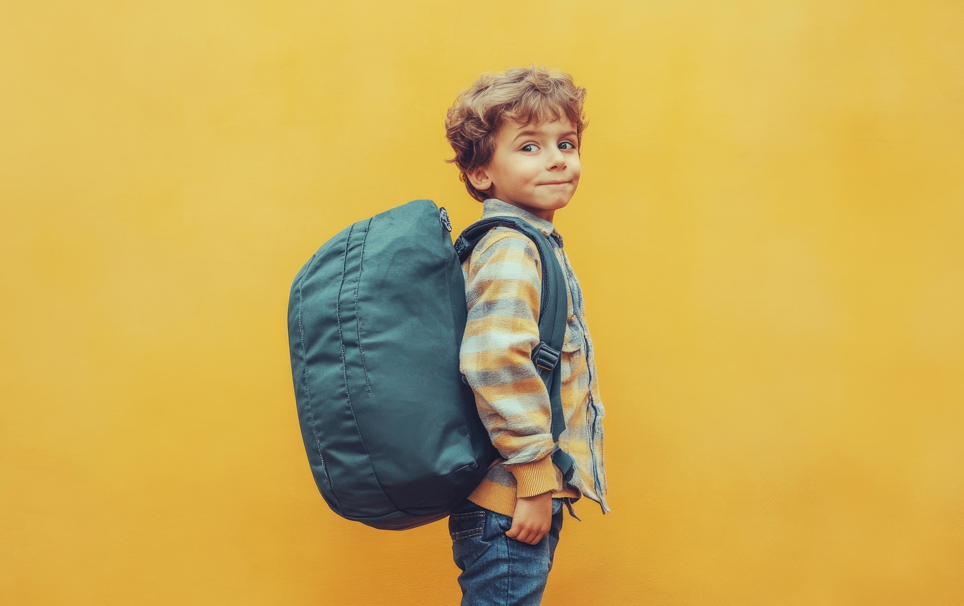 child wearing large backpack