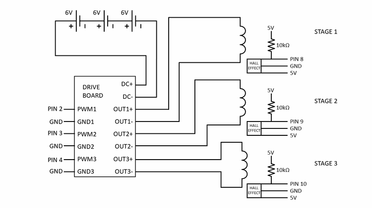 Circuit diagram for the Arduino mass driver with MOSFET drive board
