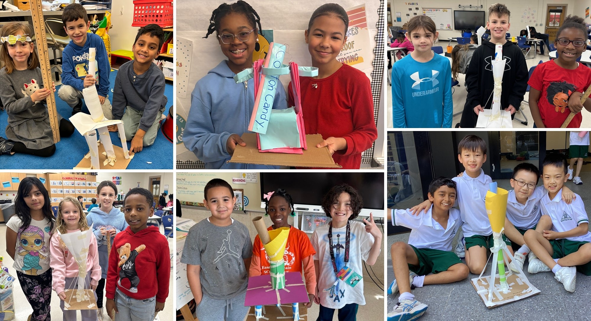 College of students, ages 10 and younger, showing off their
      rocket catching devices