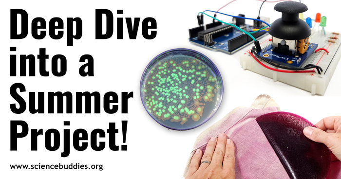 Deep Dive into a Summer Project with projects like the ones shown, arduino joystick, glowing bacteria, and seaweed fabric being pulled off a frame