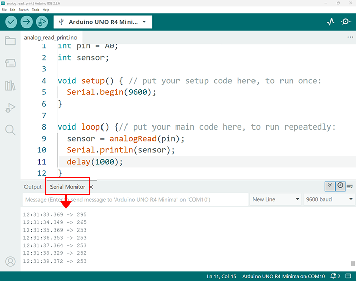 Screenshot in Arduino IDE showing values in the serial monitor output