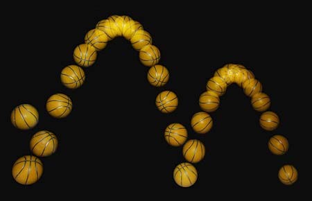 Composite image maps the trajectory of a basketball that has bounced twice