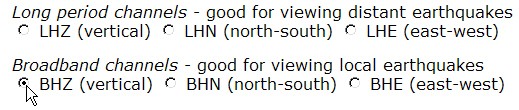 List of data channels that are selectable on the website earthquake.usgs.gov