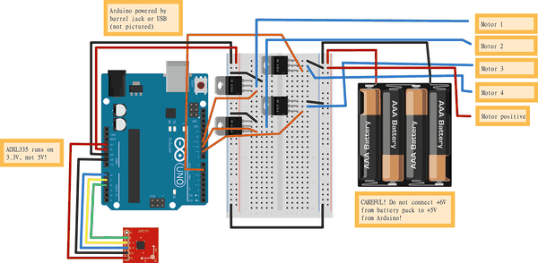 Breadboard diagram for drone motion control circuit