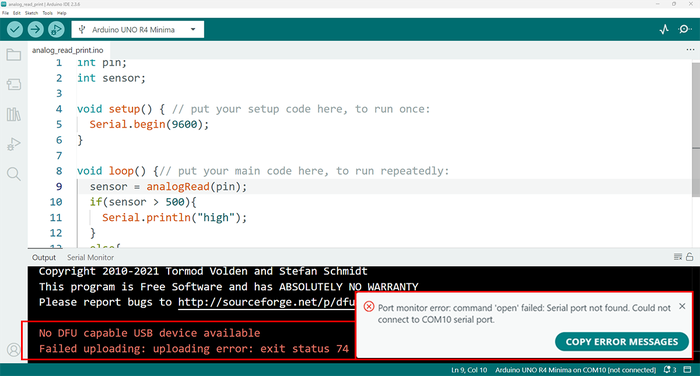 Arduino error / No USB