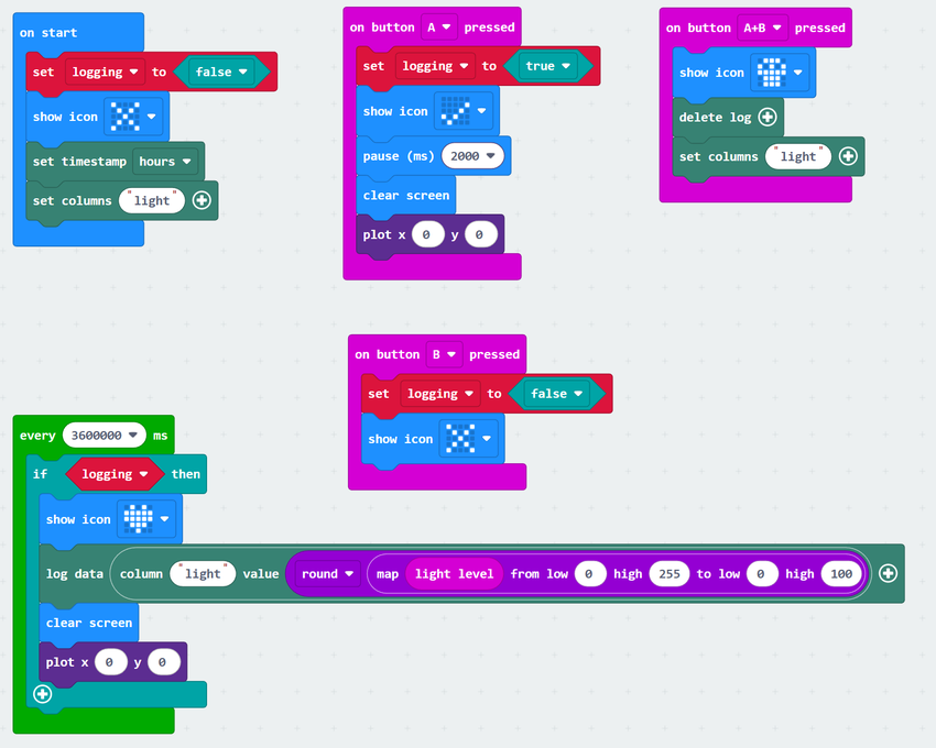 MakeCode program for micro:bit sunlight data logger