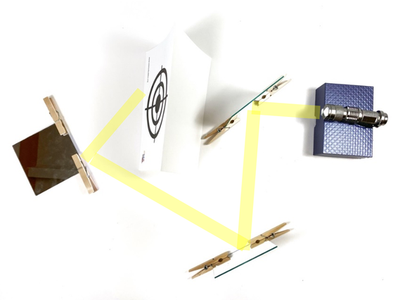 Experimental setup with mirrors, flashlight, and target for light science activity