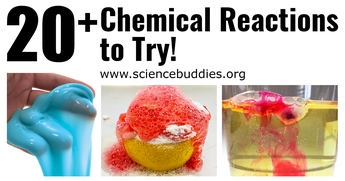 Three experiment images to respresent a collection of chemical reaction experiments, slime, foaming lemon volcano, and cup of liquid with colors from dissolving pill challenge